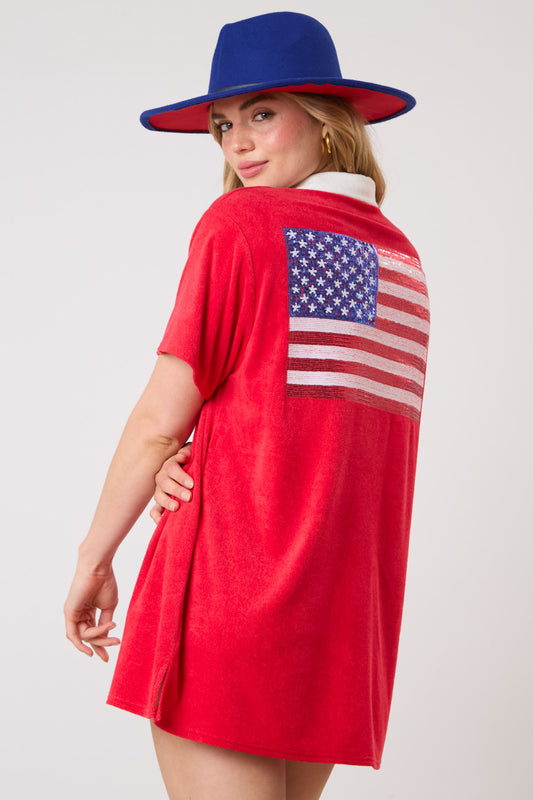 Terrycloth Sequin Flag Coverup Dress RED (short preorder)
