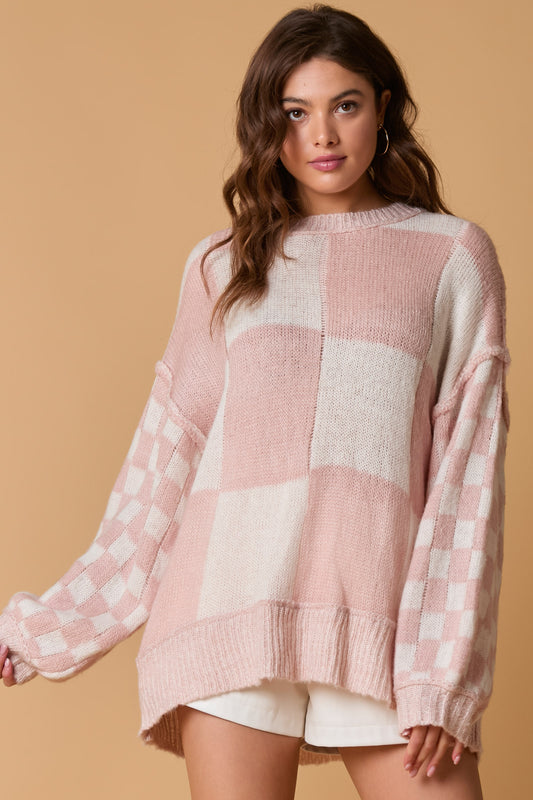 Checkered Blush Oversized Sweater (ships 1 week)