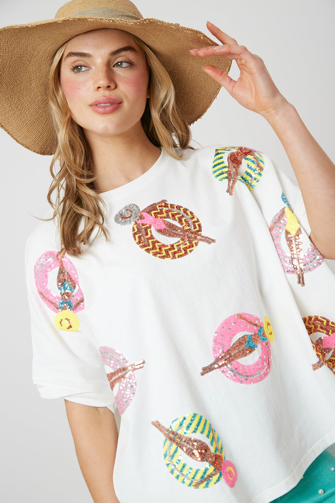 SEQUIN POOL FLOAT TSHIRT WHITE (oversized)