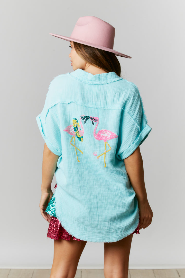 Flamingo Gauze Aqua Coverup