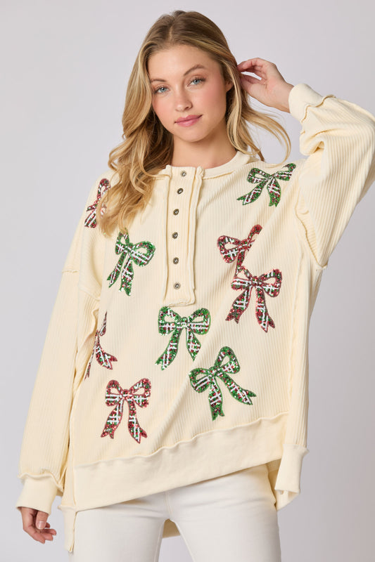 Ivory Red & Green Holiday bow Top (ships 2-3 weeks)