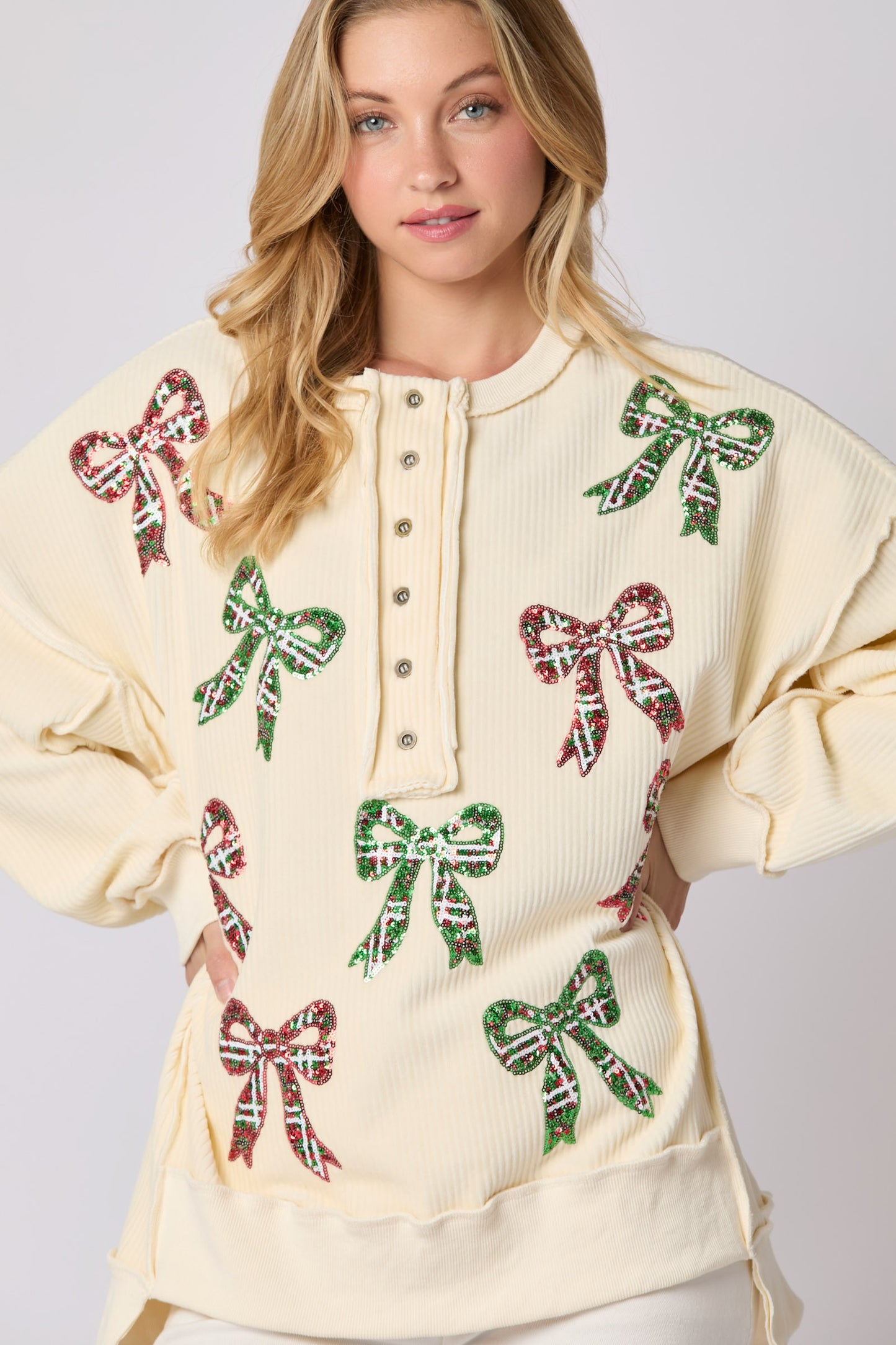 Ivory Red & Green Holiday bow Top (ships 2-3 weeks)