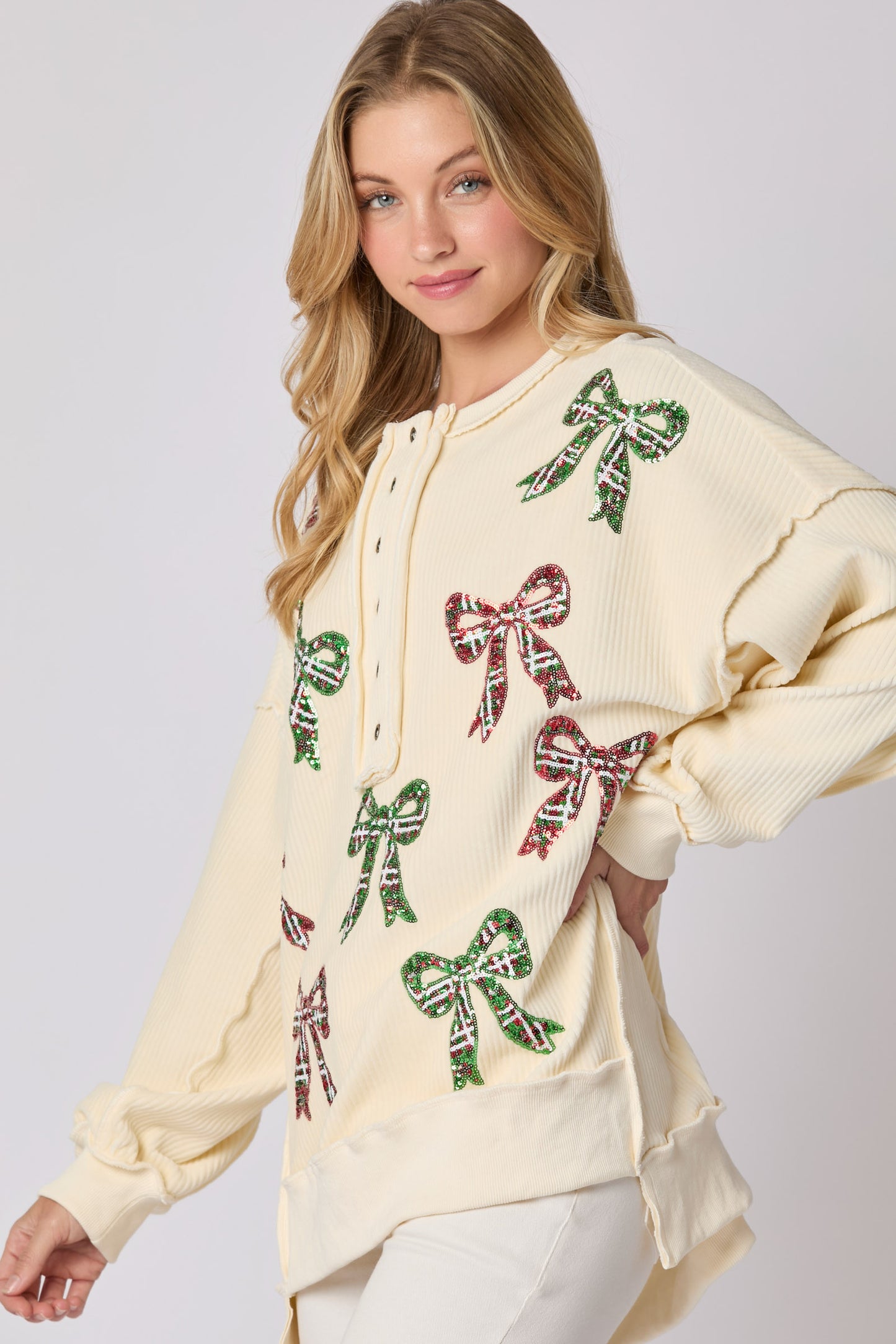 Ivory Red & Green Holiday bow Top (ships 2-3 weeks)