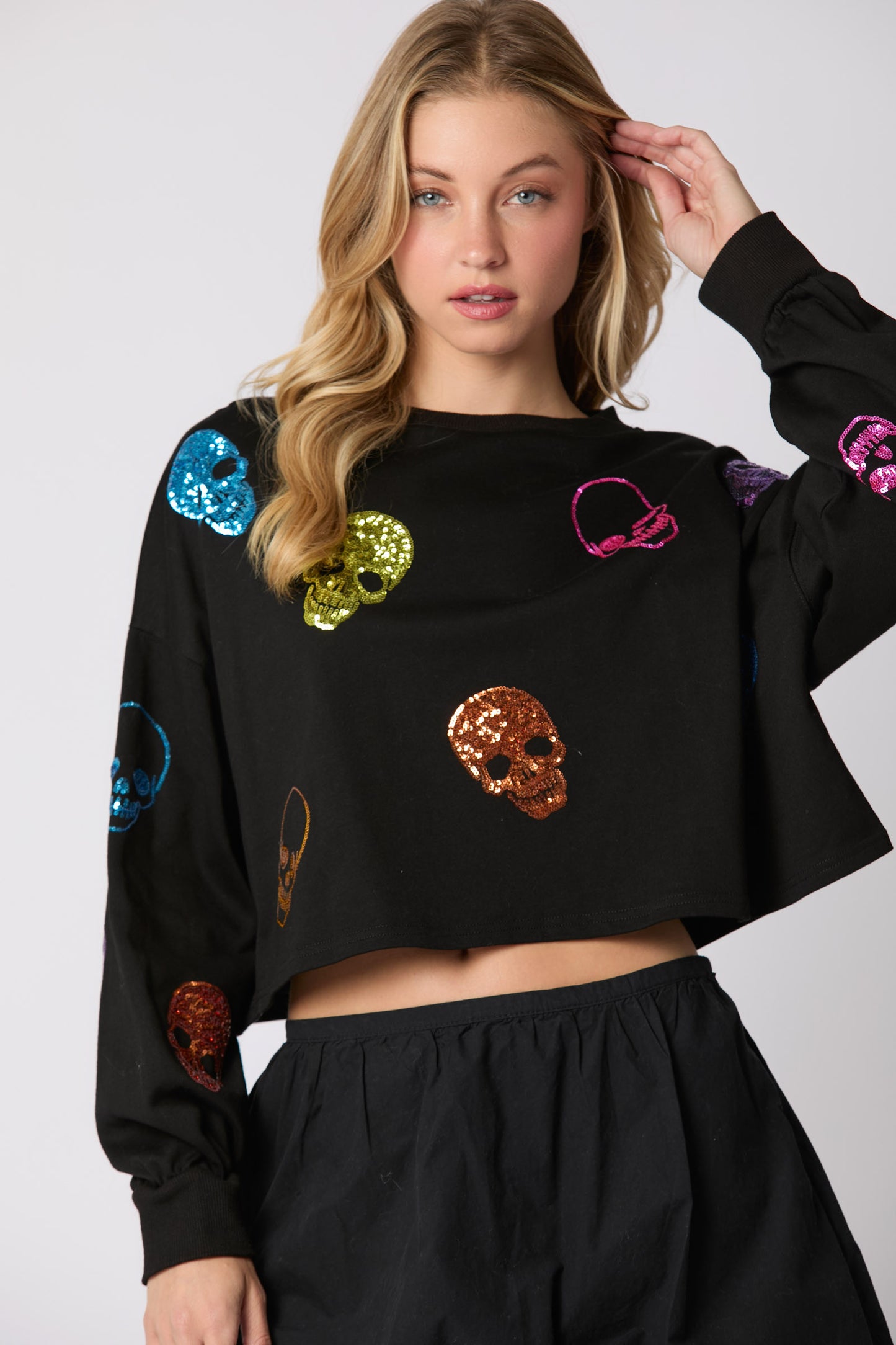 Black Sequin Skull Crop Top PREORDER