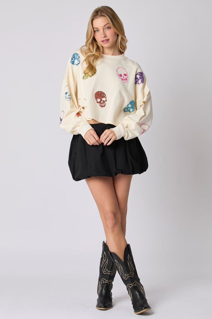 SEQUIN SKULL PULLOVER IVORY (Ships 1-2 weeks)