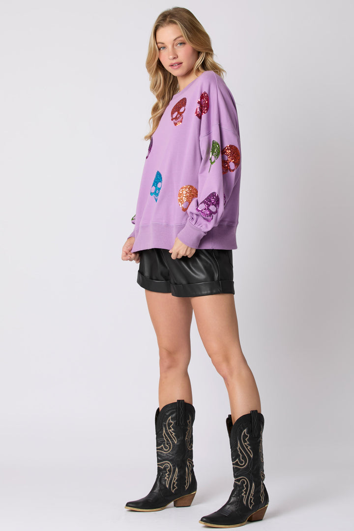 SEQUIN SKULL PULLOVER PURPLE (Ships 1-2 weeks)