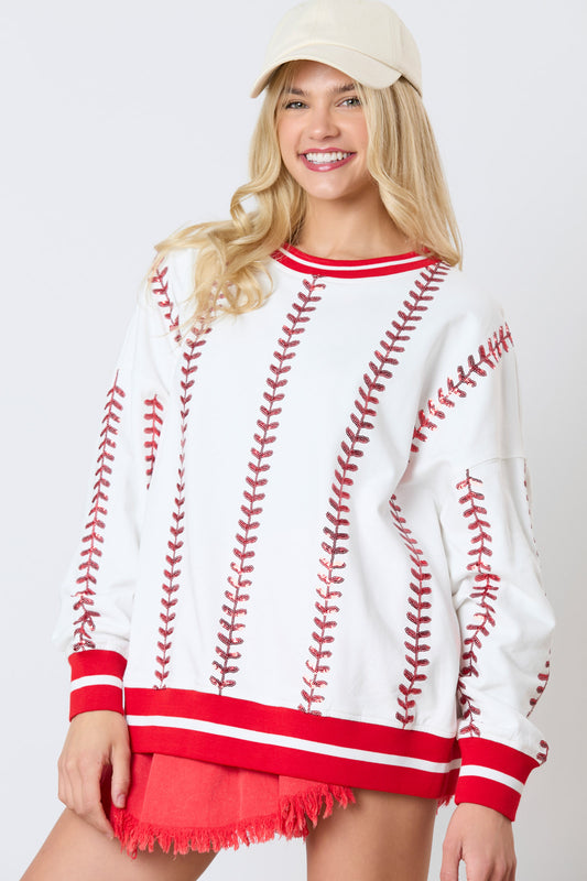 Sequin Baseball White Pullover