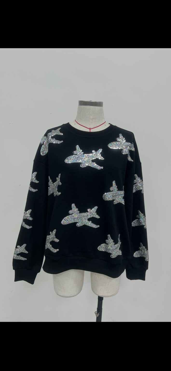GOING PLACES BLACK AIRPLANE SEQUINED PULLOVER RTS (READY TO SHIP)