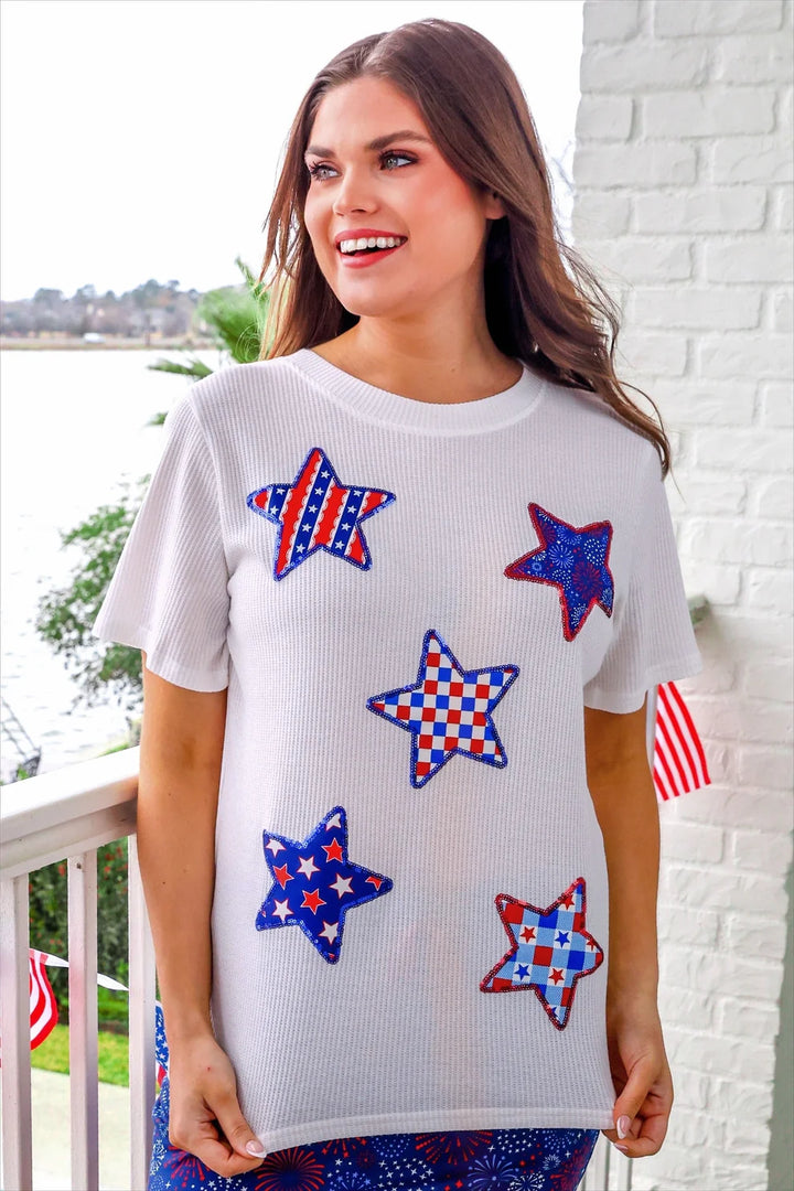 STAR WHITE SPARKLE SEQUIN WAFFLE KNIT TSHIRT (ships 2-3 weeks)
