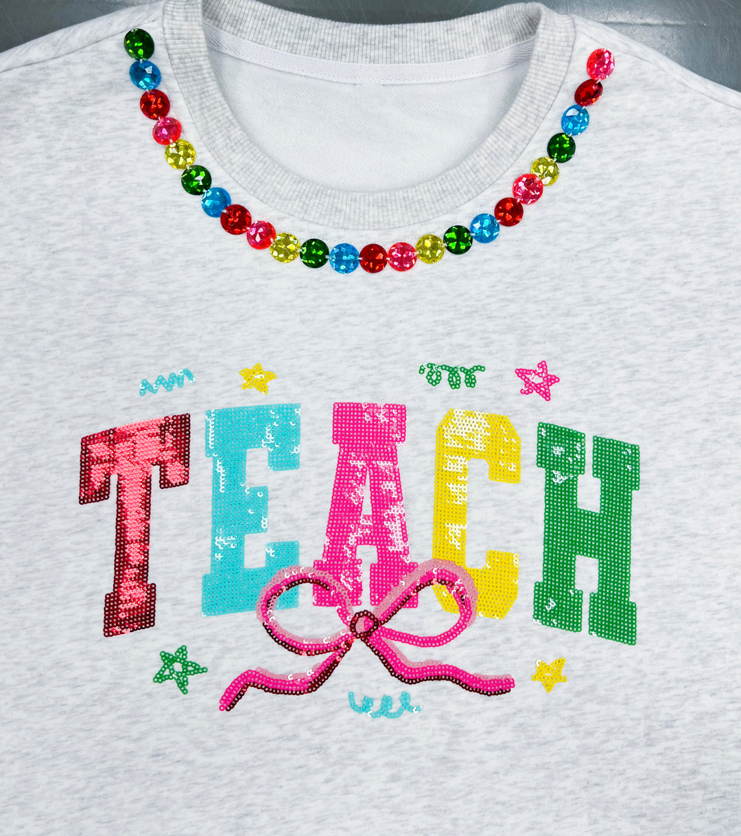 JEWELED "TEACH" MULTICOLOR PULLOVER (PREORDER)