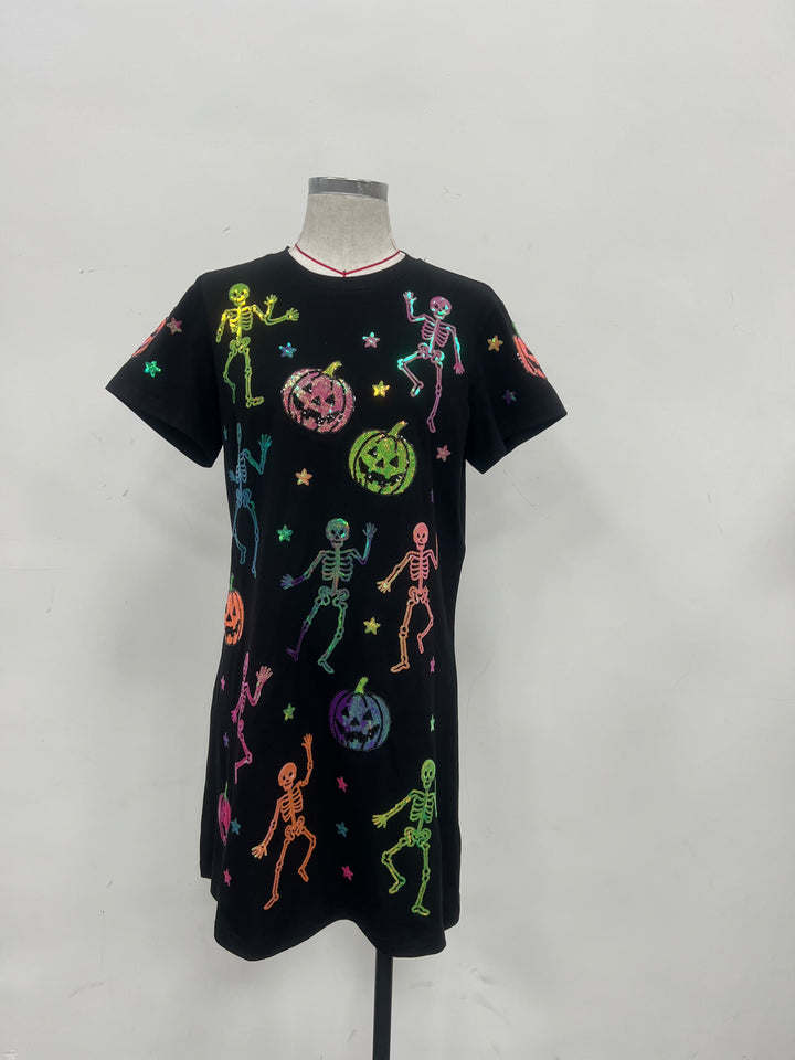 DANCING SKELLY BLACK TSHIRT DRESS (PREORDER)