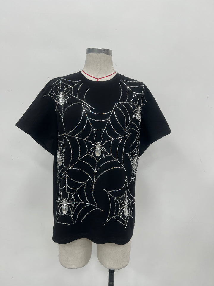 RHINESTONE BLACK SPIDER WEB TSHIRT (PREORDER)