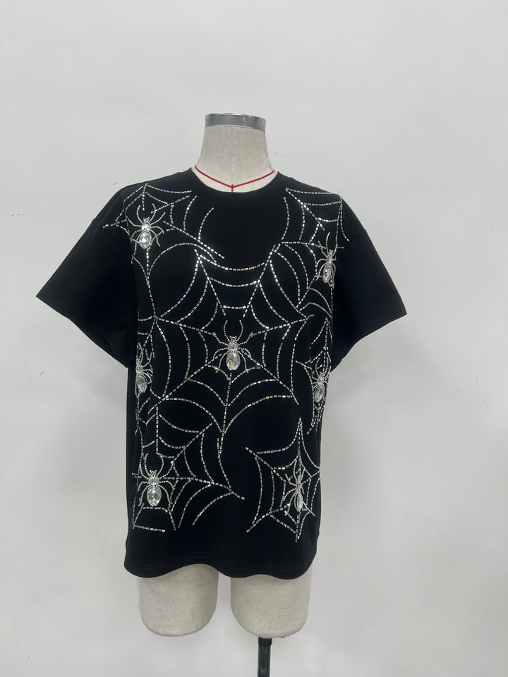 RHINESTONE BLACK SPIDER WEB TSHIRT (PREORDER)