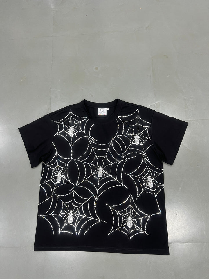 RHINESTONE BLACK SPIDER WEB TSHIRT (PREORDER)