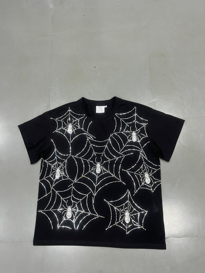 RHINESTONE BLACK SPIDER WEB TSHIRT (PREORDER)