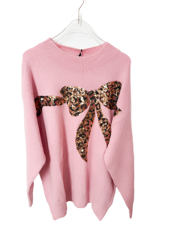 PINK Leopard Sequin Bow Sweater RTS