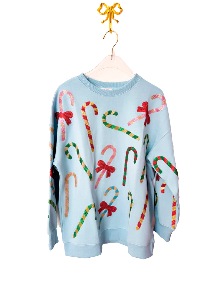 BLUE CANDY CANE & BOW PULLOVER RTS