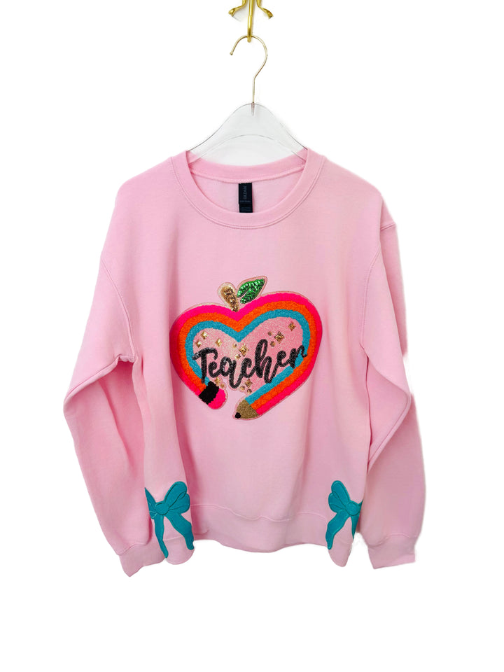 Sequin Teacher APPLE rainbow pullover with side bows (ships 2 weeks)