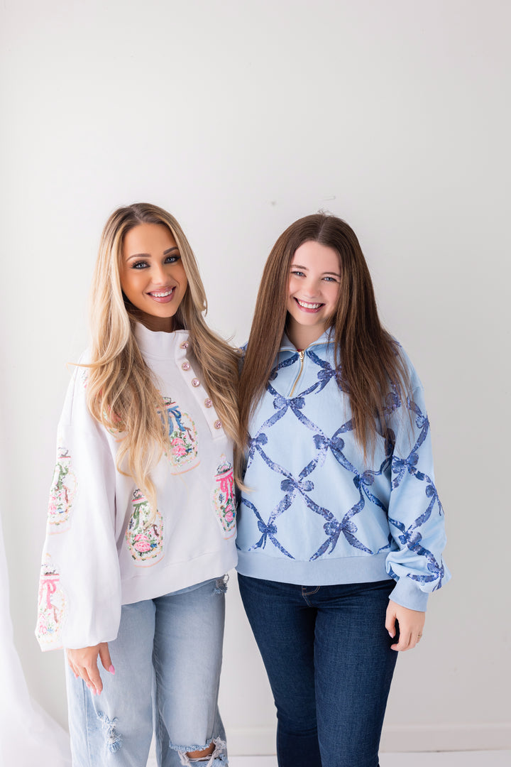 BLUE & BOWS ZIP UP PULLOVER RTS