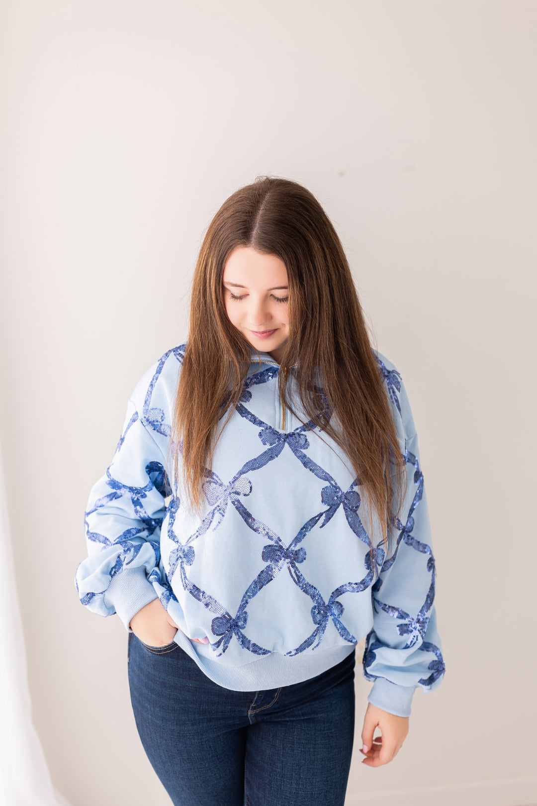 BLUE & BOWS ZIP UP PULLOVER RTS