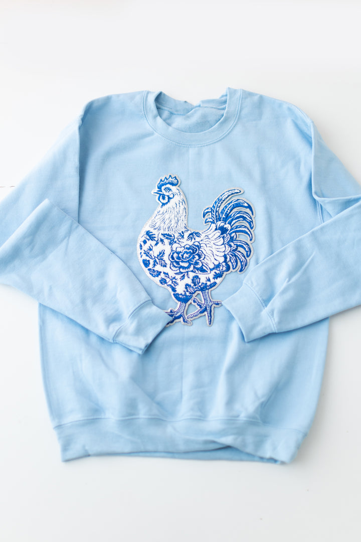 Grand Millennial Chicken Pullover Chenille On Blue (ships 1 -2 weeks)