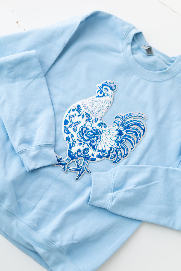 Grand Millennial Chicken Pullover Chenille On Blue (ships 1 -2 weeks)