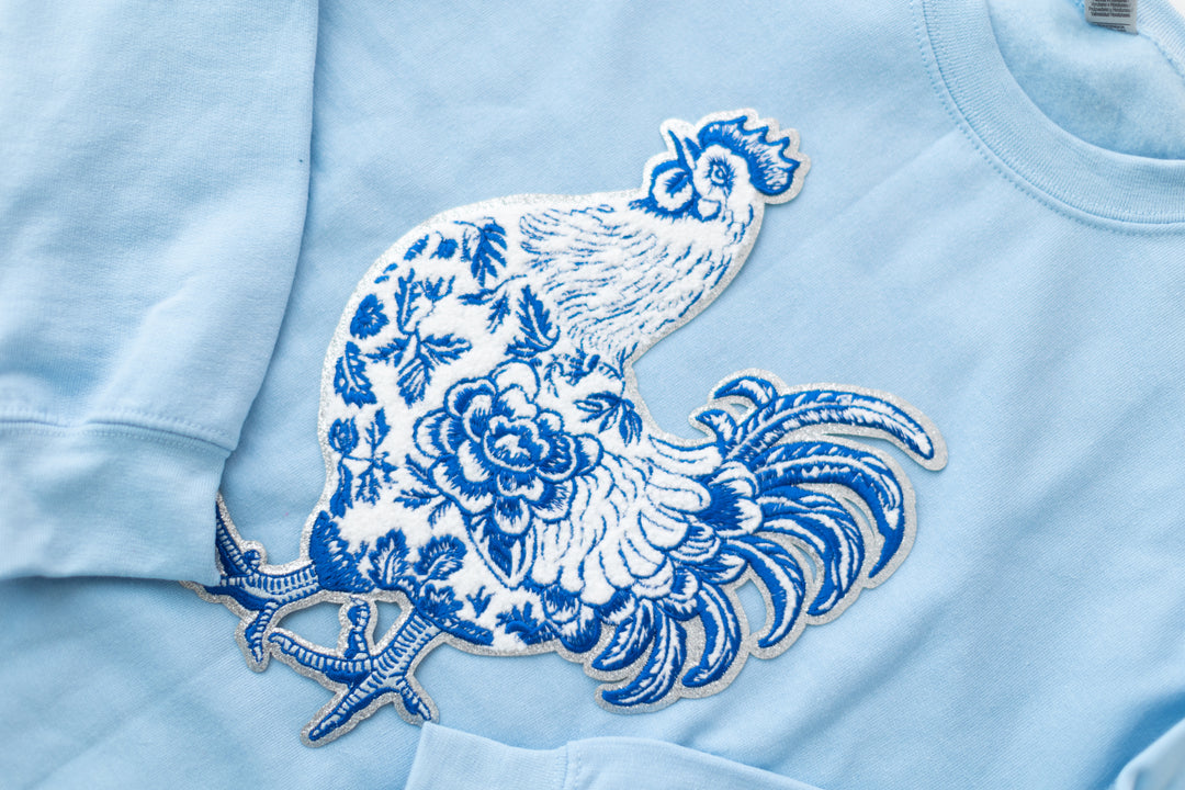 Grand Millennial Chicken Pullover Chenille On Blue (ships 1 -2 weeks)