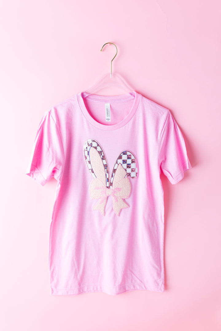 Checkered Sequin Easter Bunny Ears Tshirt (ships 1 week)