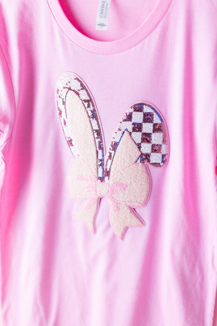 Checkered Sequin Easter Bunny Ears Tshirt (ships 1 week)