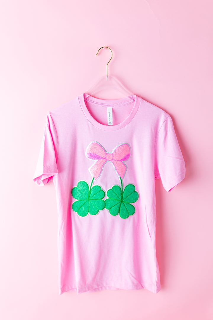 Clover & Sequin Bow Pink Shirt