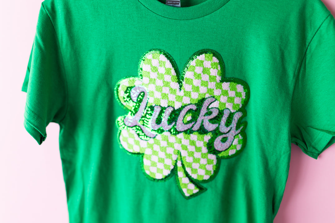 Lucky Pink & Green Checkered Clover Tshirt