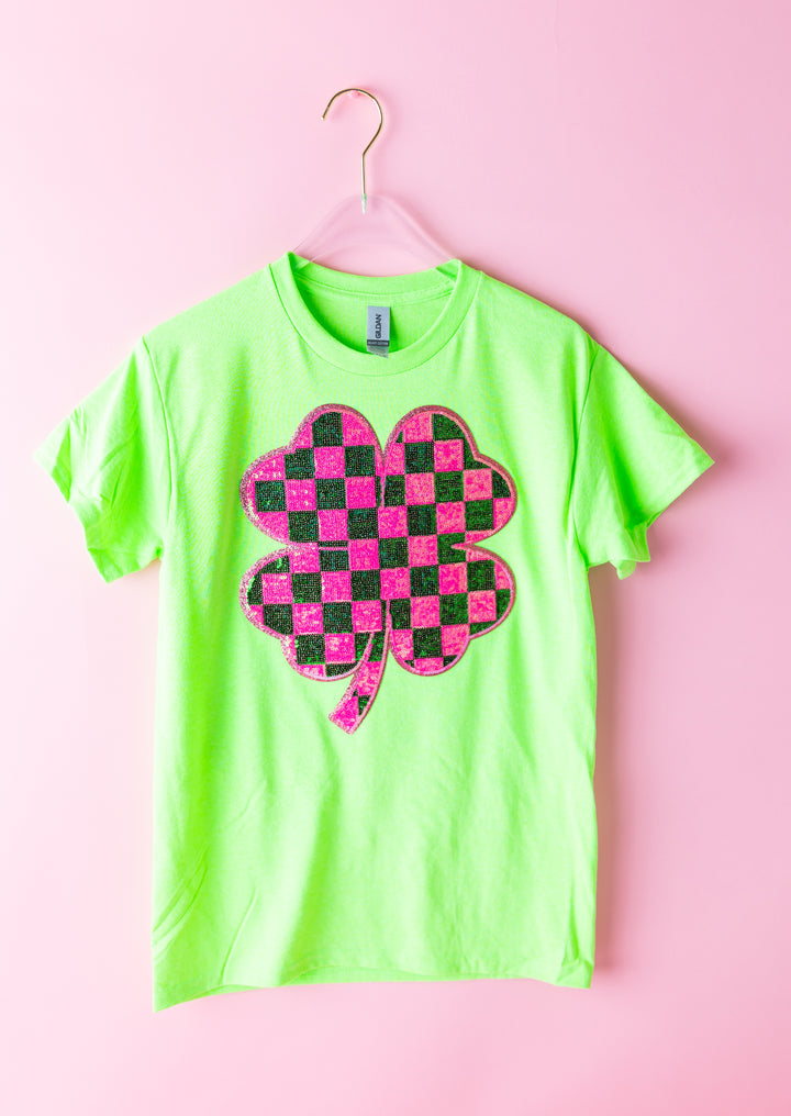 Checkered Sequin Clover Lime Green Top