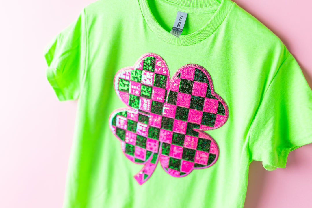 Checkered Sequin Clover Lime Green Top