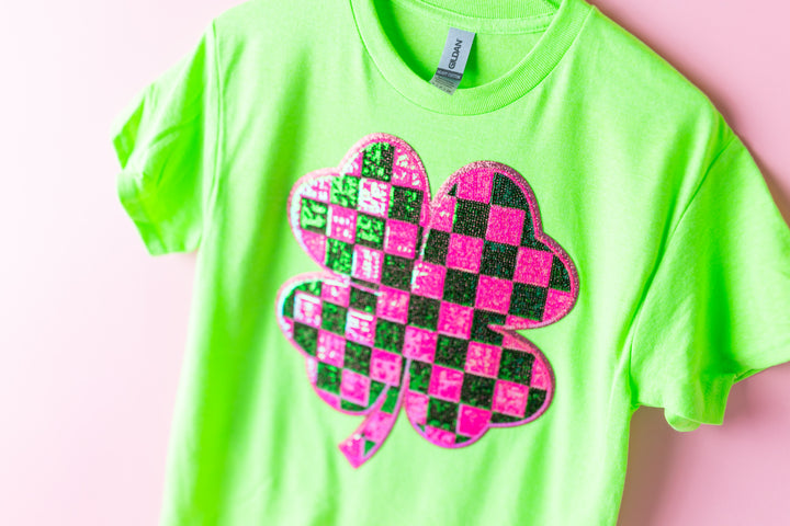 Checkered Sequin Clover Lime Green Top