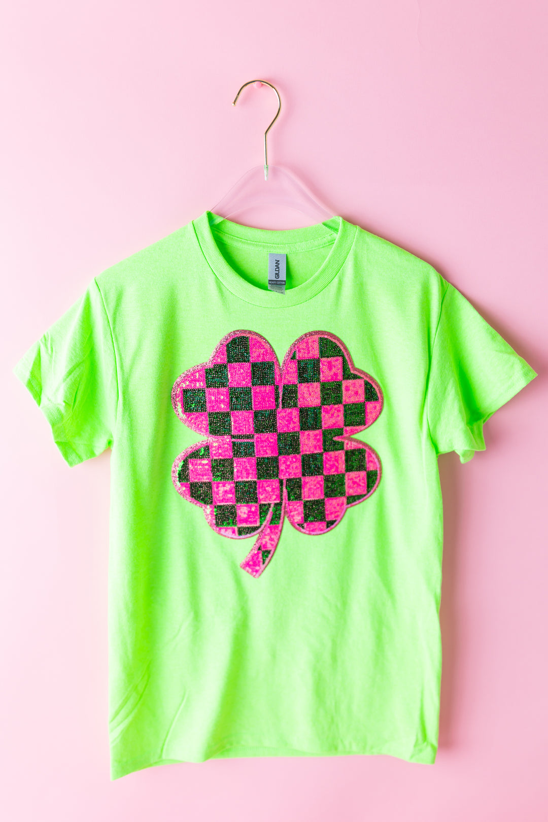 Checkered Sequin Clover Lime Green Top