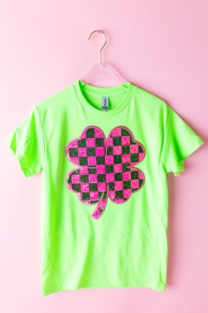 Checkered Sequin Clover Lime Green Top