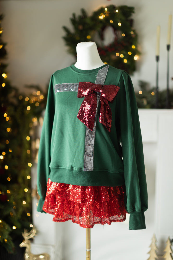 Green Sequin Red Bow  Present Top