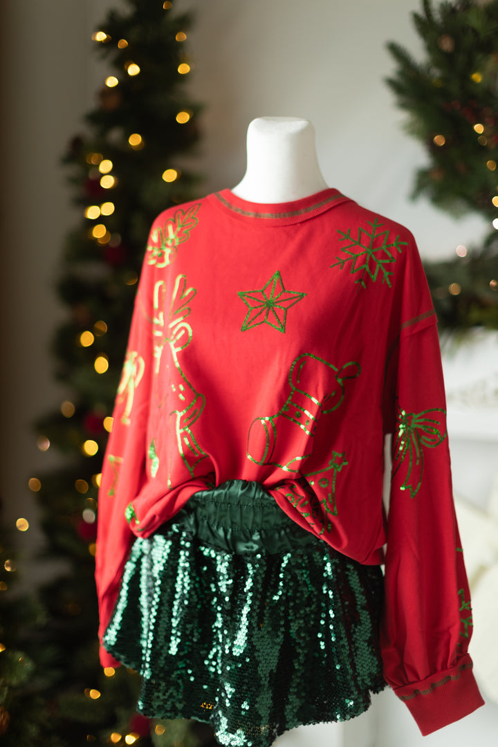 Red & Green Sequin Holiday Top