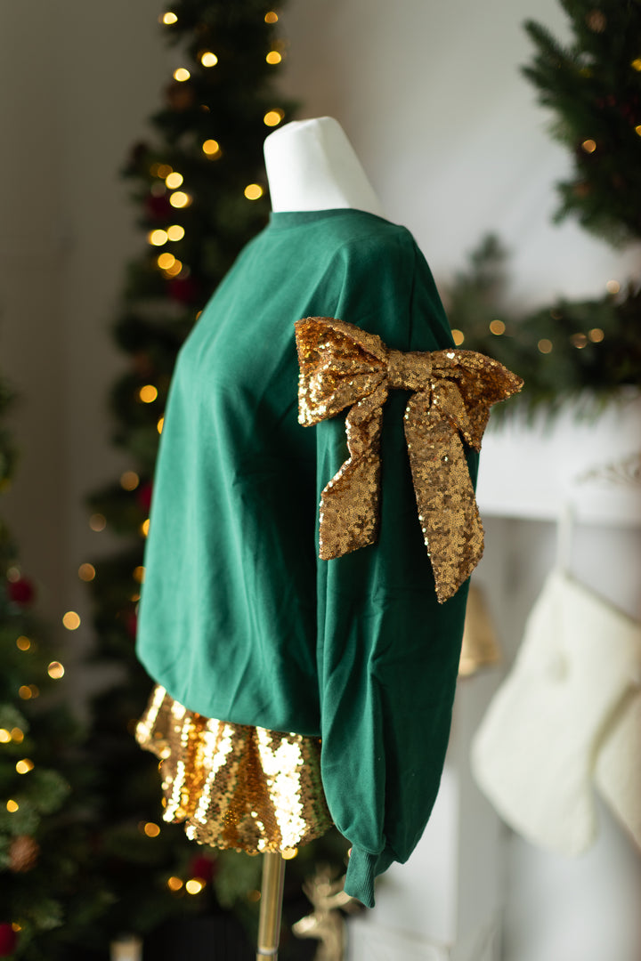 Green & Gold Shoulder Bow Pullover