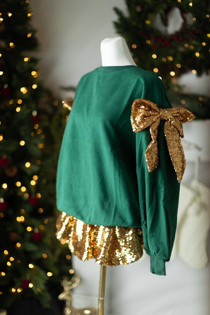 Green & Gold Shoulder Bow Pullover