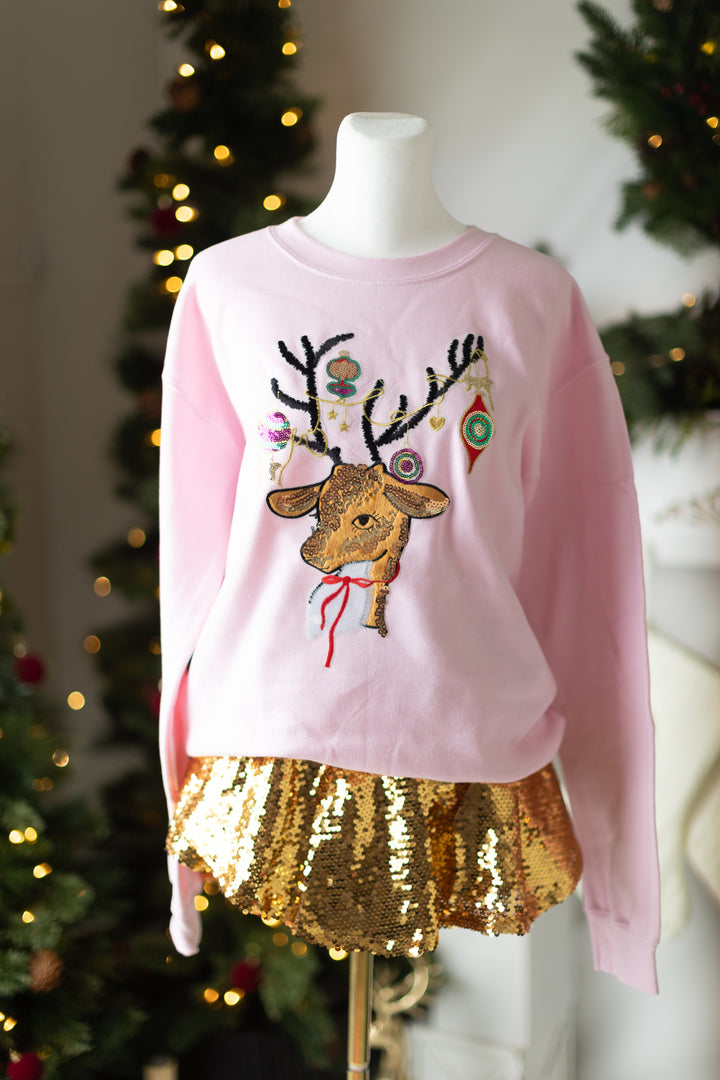 Sequin Ornament Reindeer Pullover