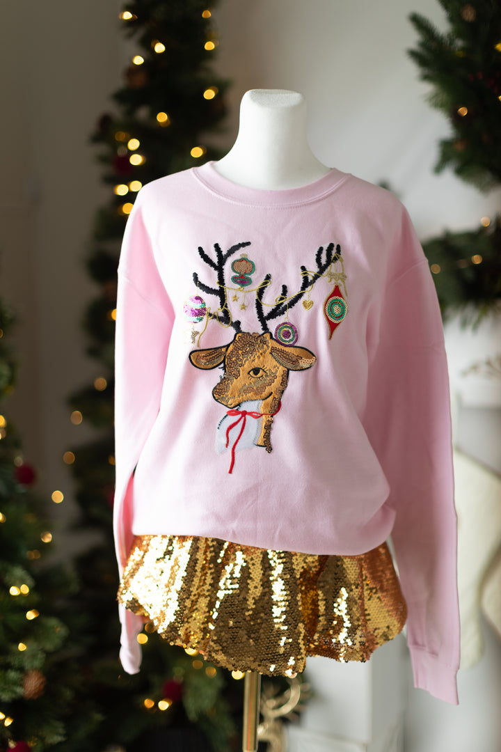 Sequin Ornament Reindeer Pullover