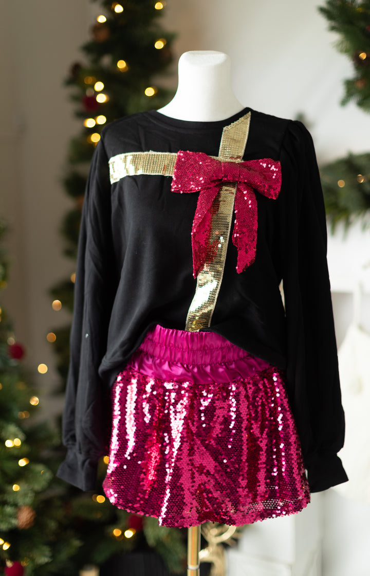 Pink & Black Sequin Bow Present Top