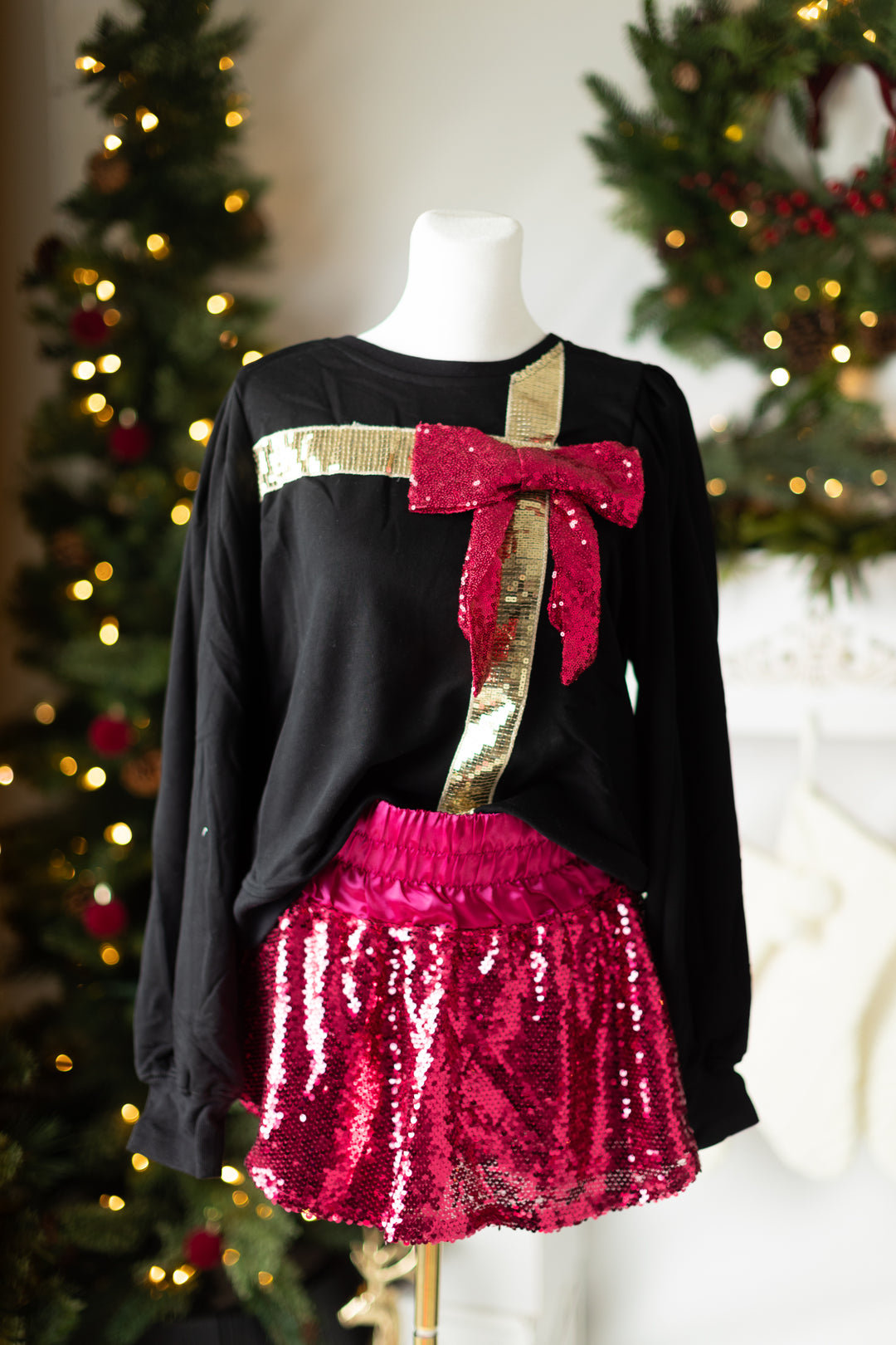 Pink & Black Sequin Bow Present Top