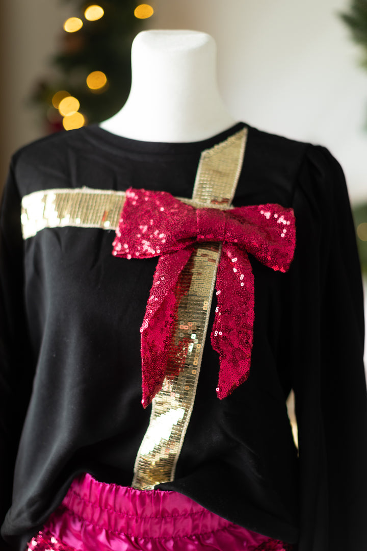 Pink & Black Sequin Bow Present Top