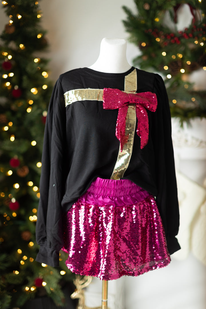 Pink & Black Sequin Bow Present Top