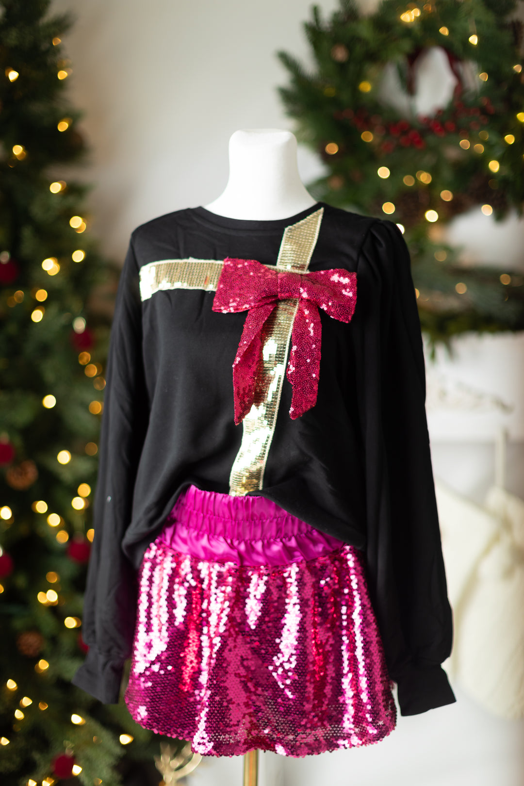 Pink & Black Sequin Bow Present Top