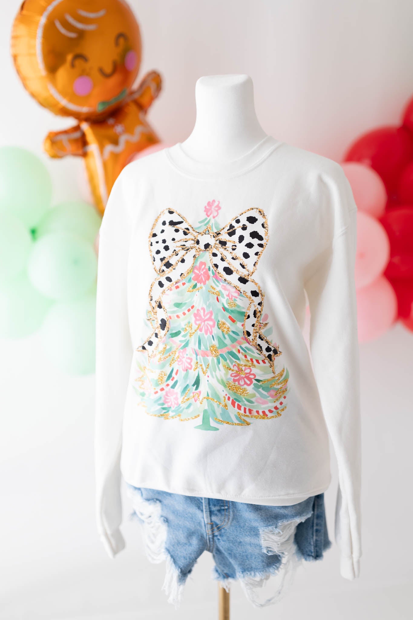 White Leopard Bow Christmas Tree Sweater Ready to ship