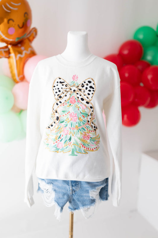 White Leopard Bow Christmas Tree Sweater Ready to ship