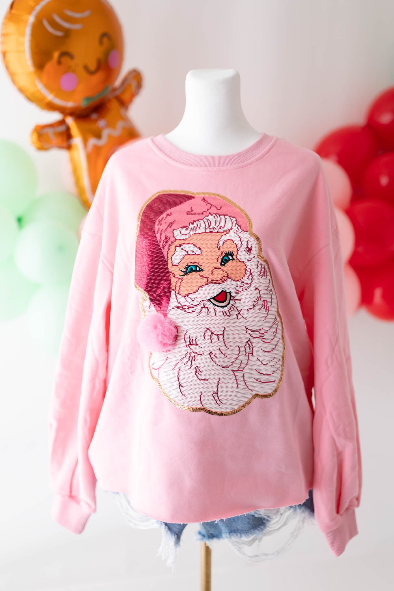 Long Sleeve Light Pink Jolly Santa Face Top Ready to ship